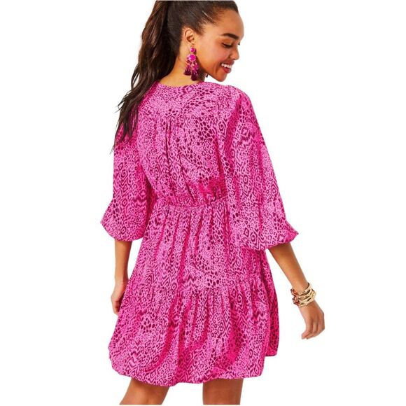 Lilly Pulitzer Deacon 3/4 Sleeve Dress Cerise Pink Pattern - Picture 3 of 9